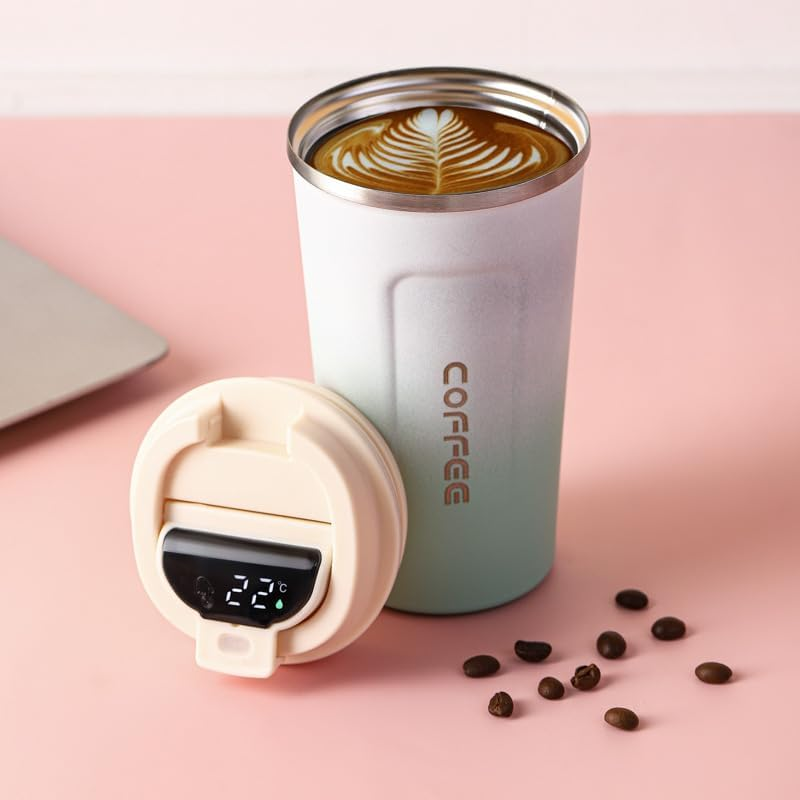 500ml Vacuum Cup Stainless Steel Temperature Display Coffee Flask - Blue