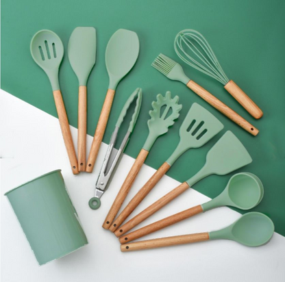 12 Pieces Non-Stick Silicon & Wooden Handle Kitchen Utensil Set