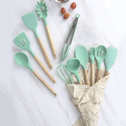 12 Pieces Non-Stick Silicon & Wooden Handle Kitchen Utensil Set