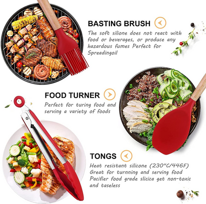 12 Pieces Non-Stick Silicon & Wooden Handle Kitchen Utensil Set