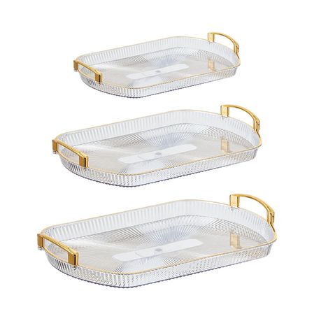 Set of 3 Multi-size Clear Plastic Gold Handle Rectangular Serving Tray