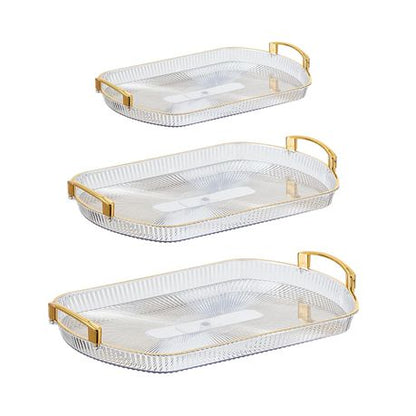 Set of 3 Multi-size Clear Plastic Gold Handle Rectangular Serving Tray