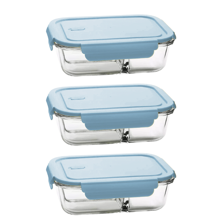 Split Compartment Leak-Proof Glass Food Containers - 650ml - 3 Pack