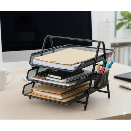 3 Tier Wire Mesh Metal Desk Office Organiser and Paper Document Letter Tray - Image 3