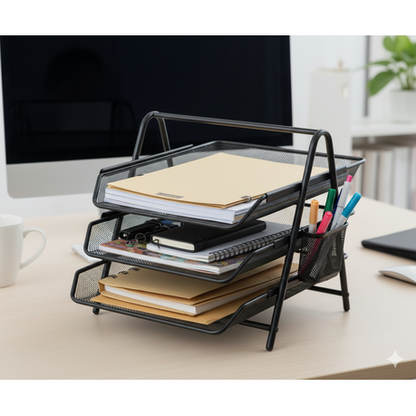 3 Tier Wire Mesh Metal Desk Office Organiser and Paper Document Letter Tray - Image 3