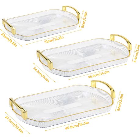 Set of 3 Multi-size Clear Plastic Gold Handle Rectangular Serving Tray - Image 3