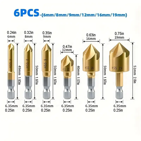 HASHBROWN'S 6 Pieces Hex Handle Titanium Coated Five Blade Chamfering Tool - Image 6