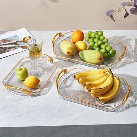 Set of 3 Multi-size Clear Plastic Gold Handle Rectangular Serving Tray - Image 4