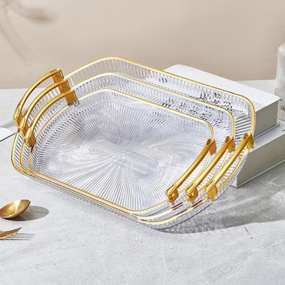 Set of 3 Multi-size Clear Plastic Gold Handle Rectangular Serving Tray - Image 5