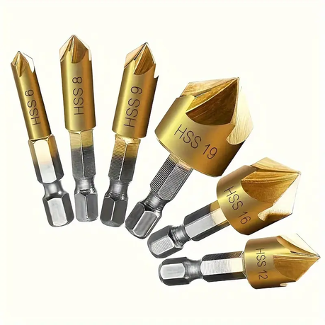 HASHBROWN'S 6 Pieces Hex Handle Titanium Coated Five Blade Chamfering Tool