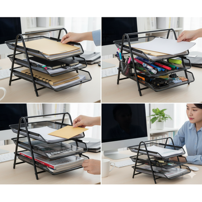 3 Tier Wire Mesh Metal Desk Office Organiser and Paper Document Letter Tray - Image 2