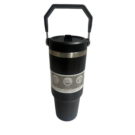 Travel Mug Stainless Steel Vacuum Flask with Straw Hot/Cold - Black - Image 2