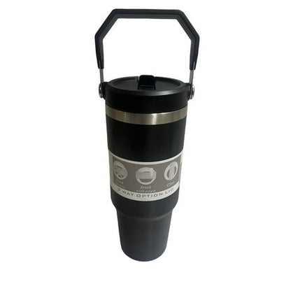 Travel Mug Stainless Steel Vacuum Flask with Straw Hot/Cold - Black - Image 2