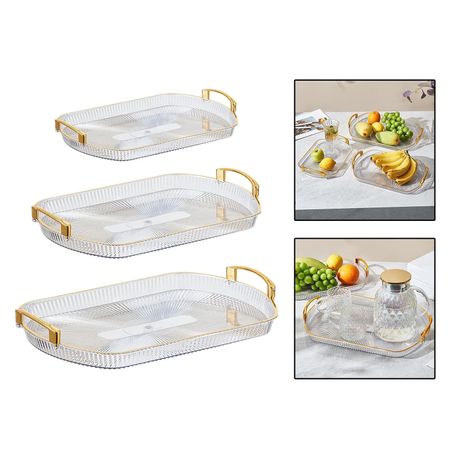 Set of 3 Multi-size Clear Plastic Gold Handle Rectangular Serving Tray - Image 2