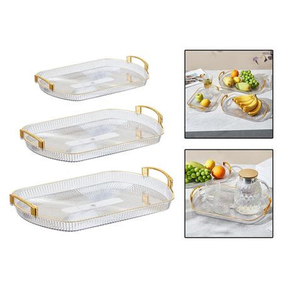 Set of 3 Multi-size Clear Plastic Gold Handle Rectangular Serving Tray - Image 2